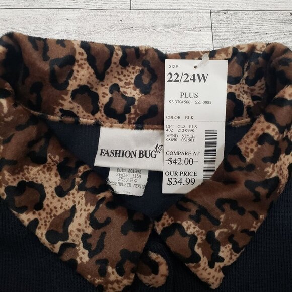 VTG 90s Fashion Bug 22/24W Ribbed Cardigan Shacket Animal Print Trim Black NEW - Picture 8 of 12